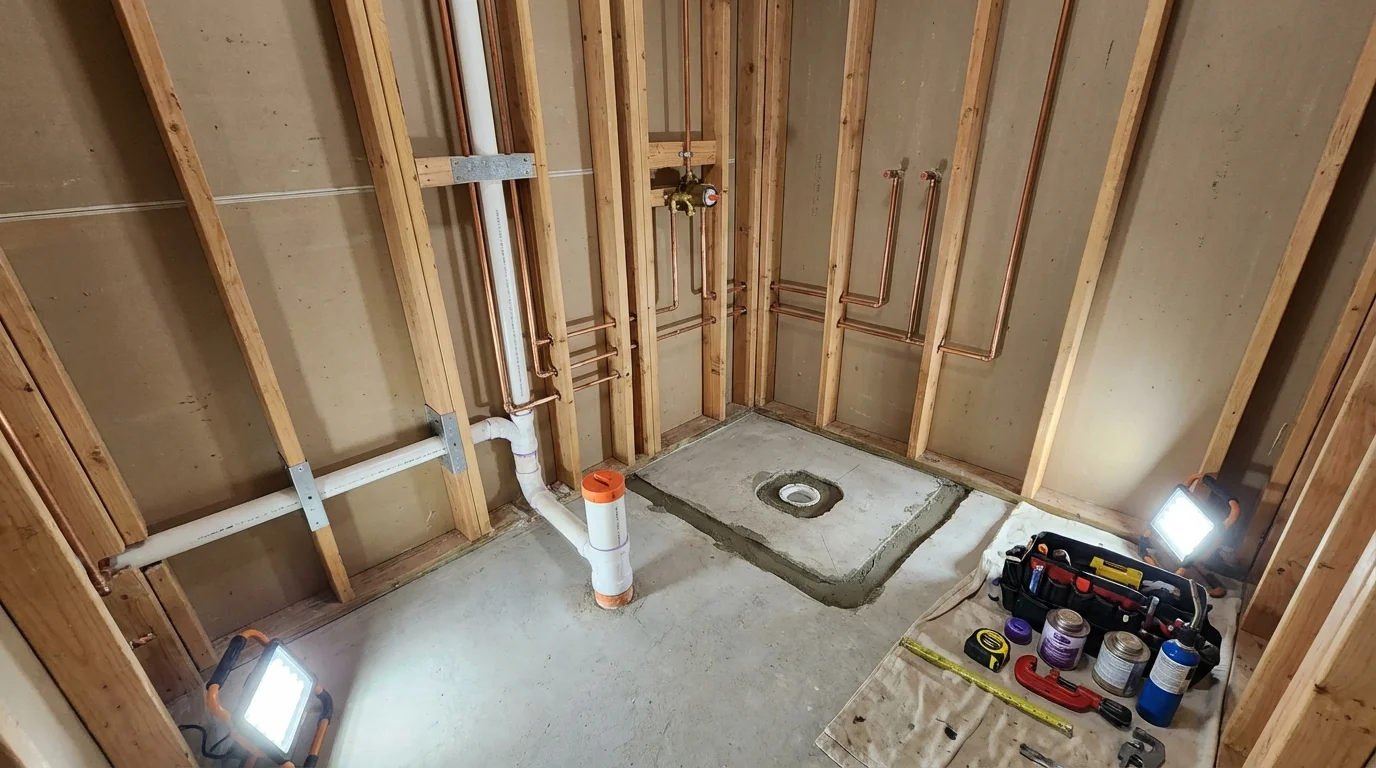 Bathroom rough-in plumbing during remodel by Johns Plumbing LLC in Clinton Township