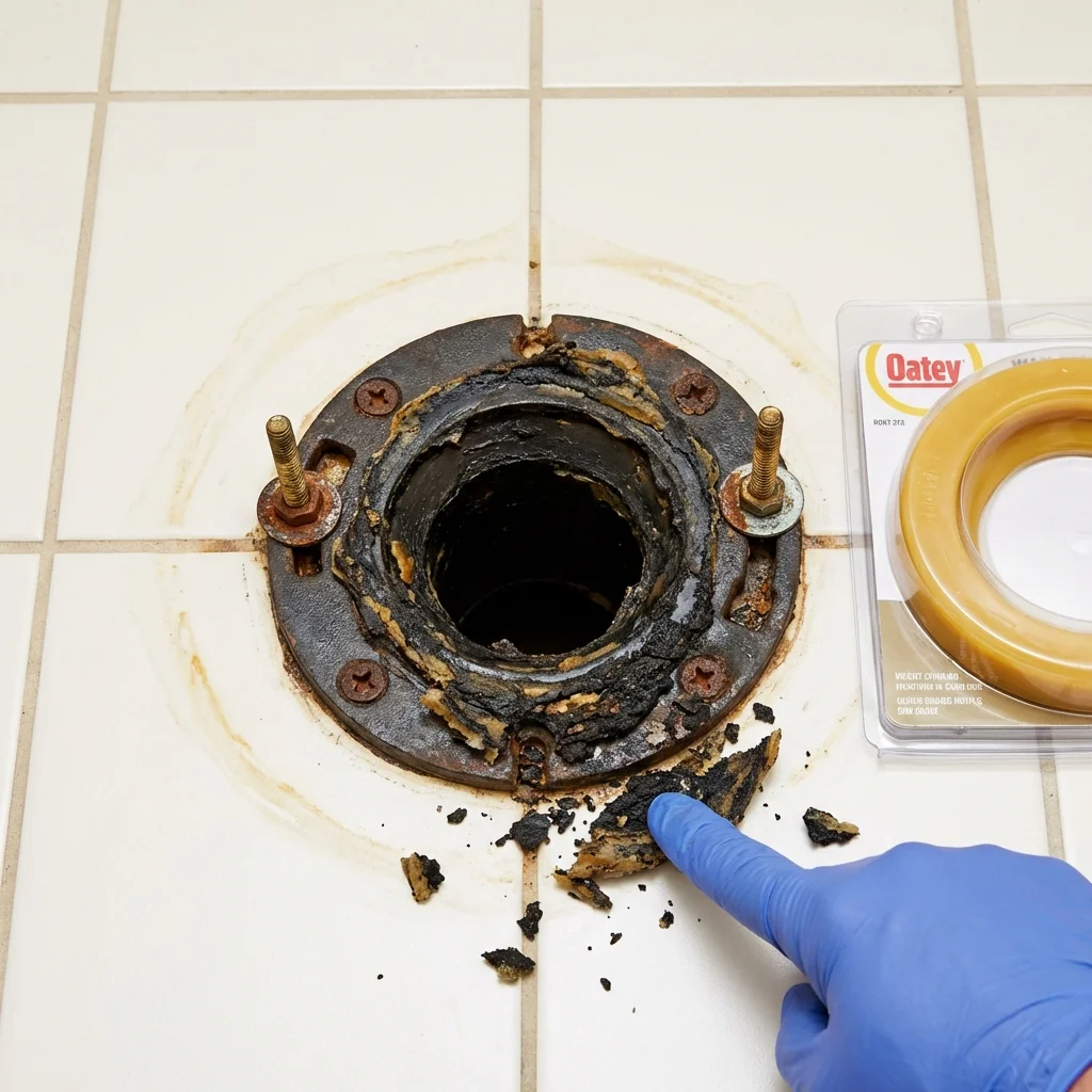 Failed wax ring showing water seepage at the base of a toilet in a Clinton Township, MI home