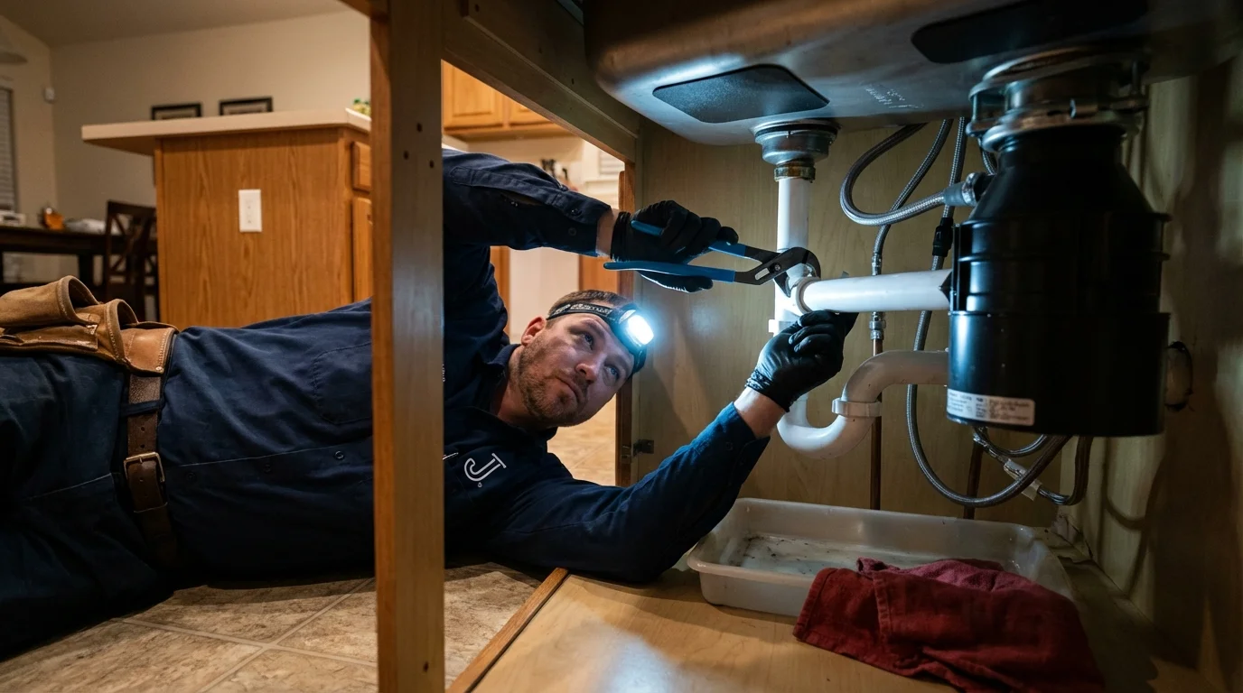 P-trap and supply line connections under a kitchen sink showing a common leak point in Clinton Township, MI